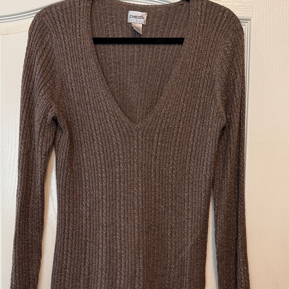 Chico's Metallic Brown Ribbed V-Neck Sweater
